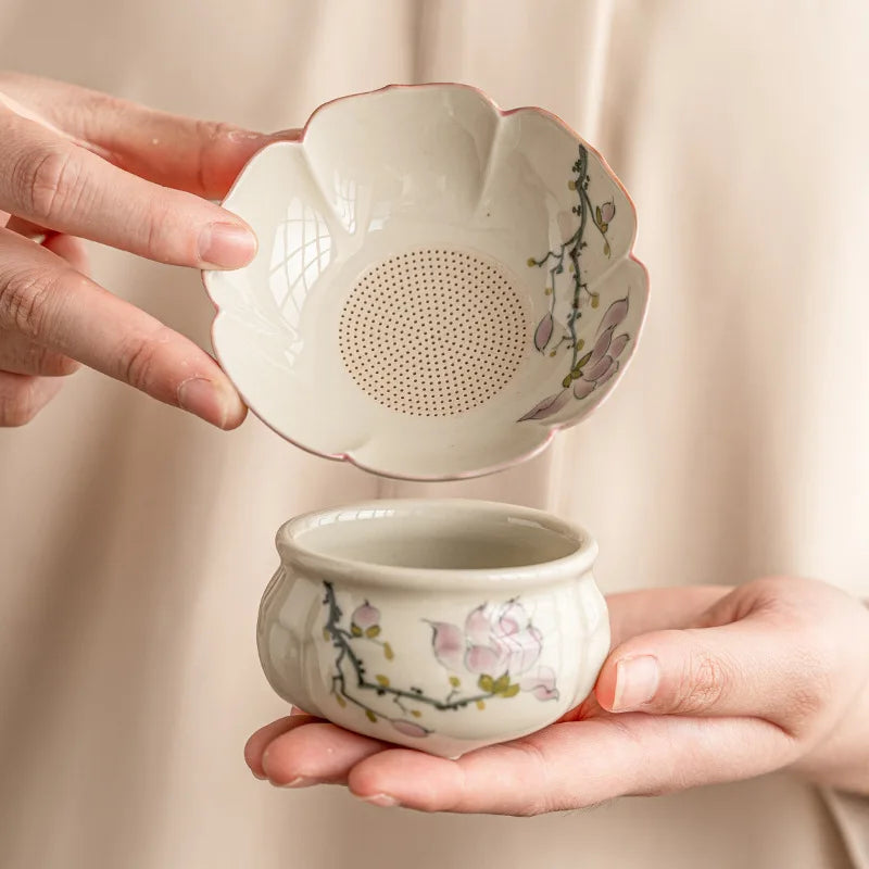 Hand-Drawn Ceramic Magnolia Tea Filter | Kung Fu Tea Set