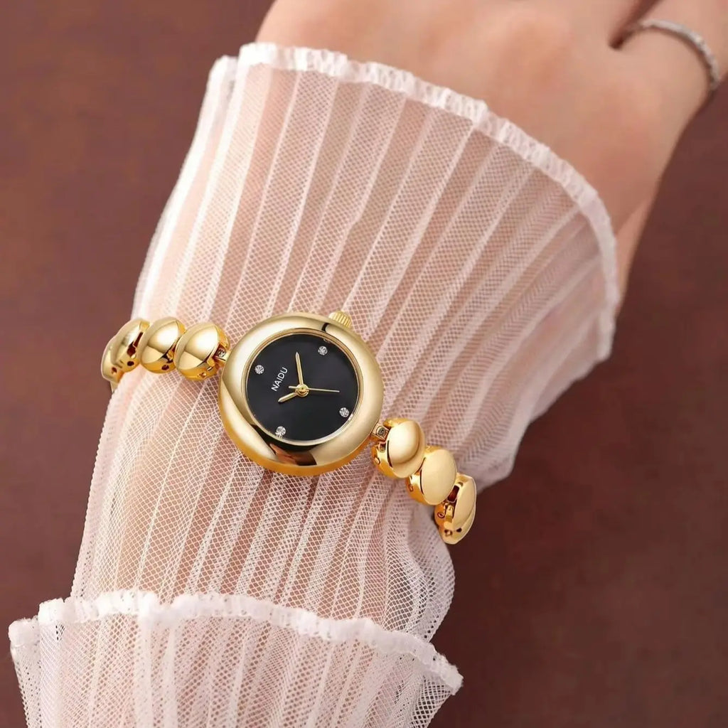 Gold Bead Chain Women's Quartz Watch – Rhinestone White Dial