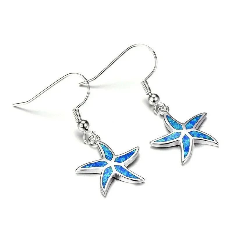 Blue Opal Starfish Drop Earrings | Silver Plated Fashion Jewelry Drop Earrings Nixie