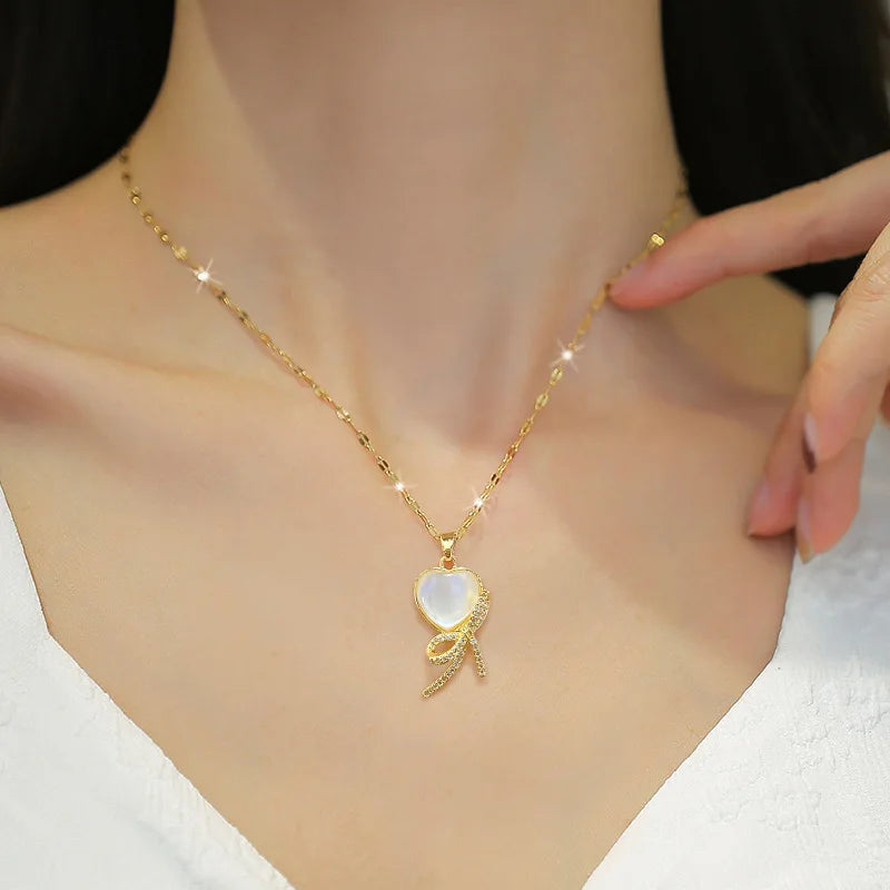 Heart Butterfly Knot Pendant Choker Necklace | Gold Stainless Steel Pendant Choker Necklace Nixie