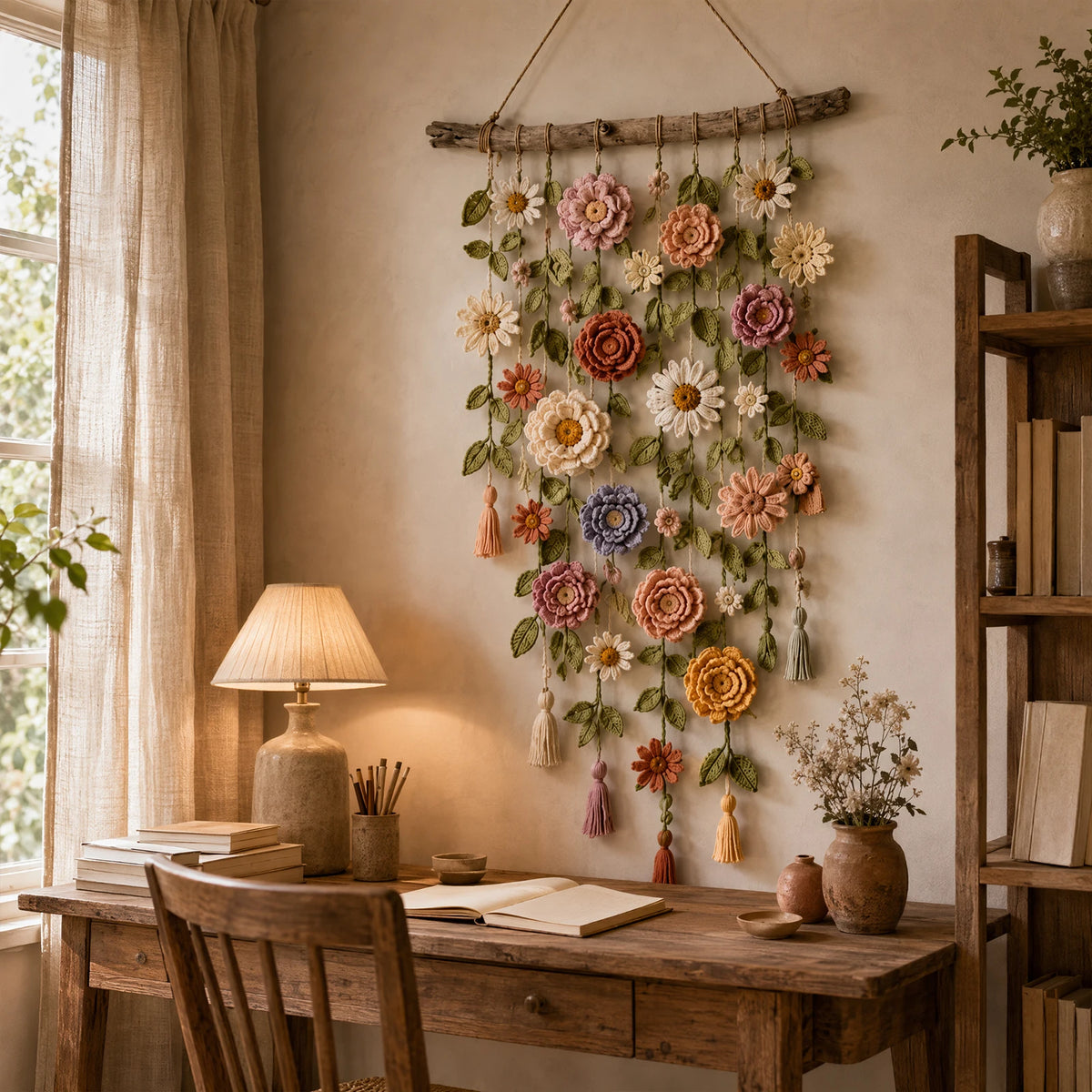 Boho Floral Crochet Macrame Wall Hanging – 32in Handmade Art Macrame Wall Hanging Nixie