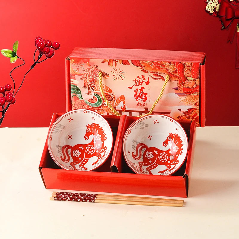 Year of the Horse Ceramic Bowl & Chopsticks Gift Set