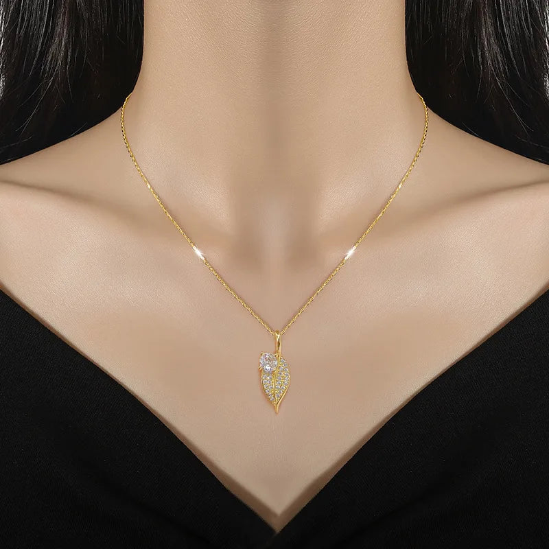 Gold Leaf Pendant Choker Necklace | Stainless Steel & Zircon