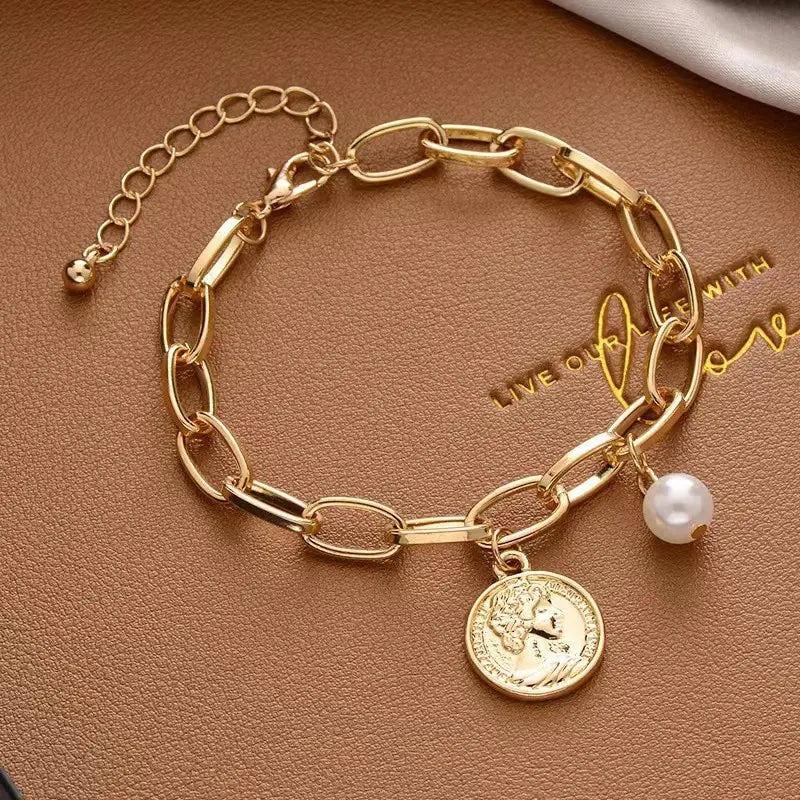 Gold Cross Chain Bracelet with Pearl Pendant – Unisex