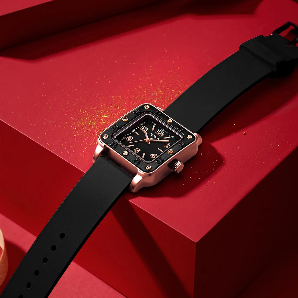 REBIRTH Women's Quartz Watch – Square Dial & Silicone Band Women's Quartz Watch Nixie