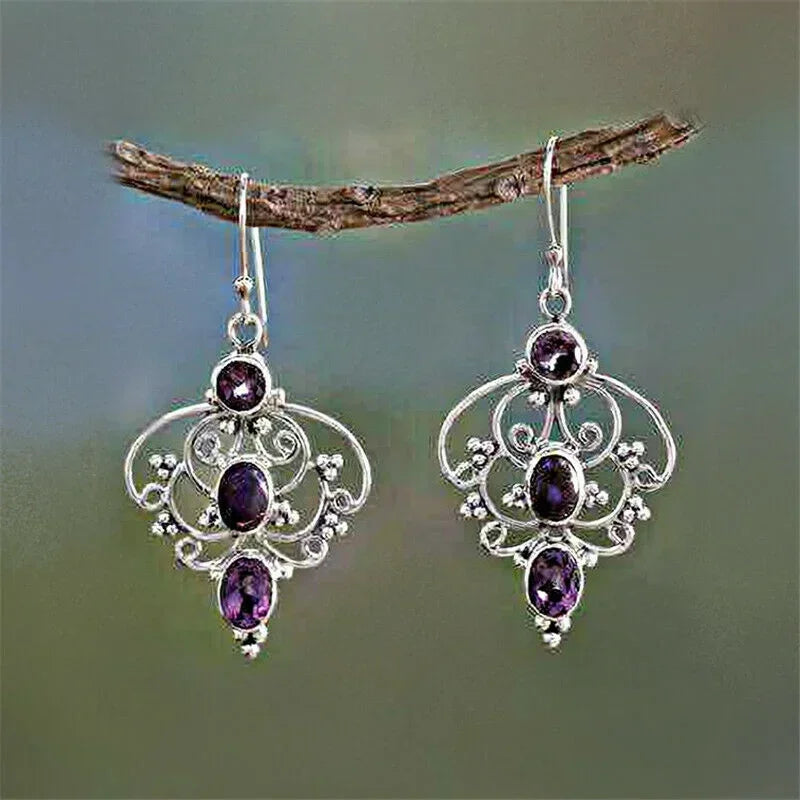 Vintage Silver Purple Crystal Hollow Flower Drop Earrings Drop Hook Earrings Nixie
