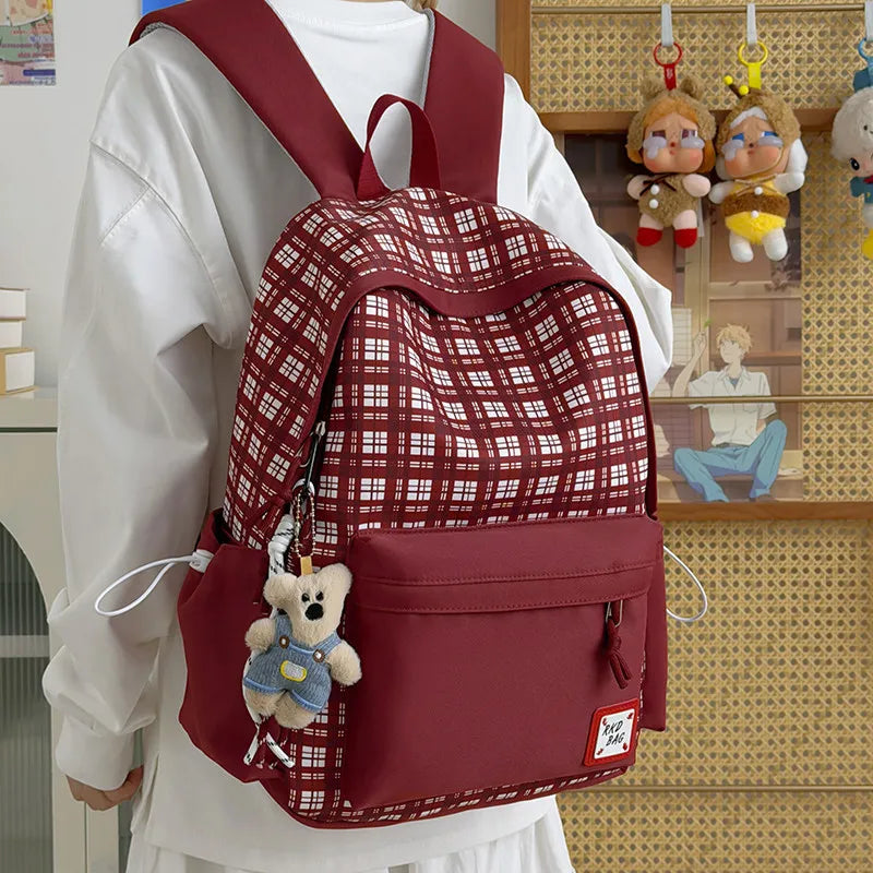 Korean Plaid Large Capacity Backpack for Women | School & Travel Women's Backpack Nixie Red (No Charm)