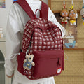 Korean Plaid Large Capacity Backpack for Women | School & Travel Women's Backpack Nixie Red (No Charm)
