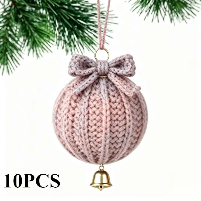 Hand Crochet Christmas Ball Ornaments with Bells – 10 Pcs Christmas Ornament Set Nixie pink-10pcs Diameter 8cm