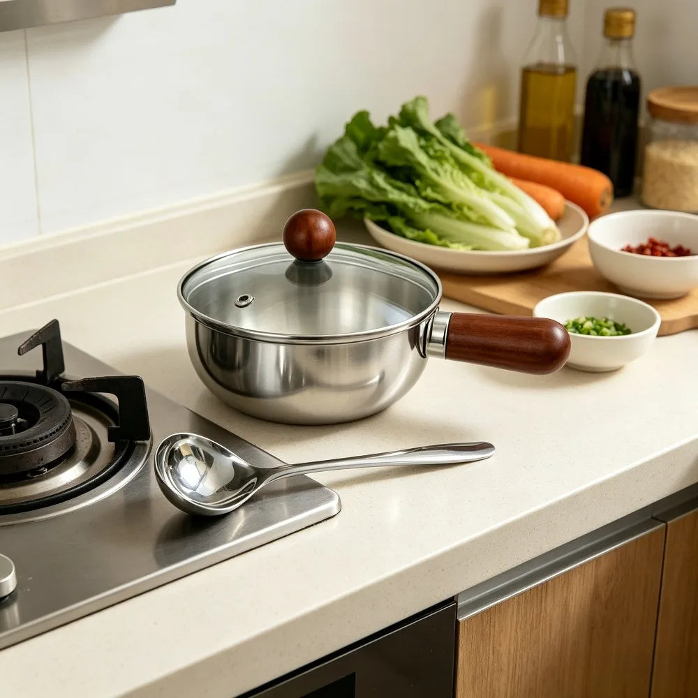 Stainless Steel Mini Saucepan Set – Wooden Handle, Lid & Spoon Saucepan Cookware Set Nixie