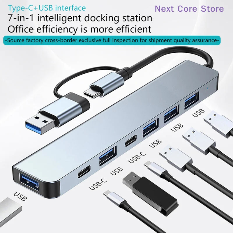 7-in-2 USB Hub Docking Station – USB-C, 3.0 & TF Card Reader USB Hub Docking Station Nixie