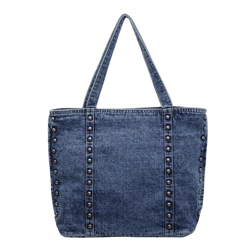Retro Rivet Denim Shoulder Bag Large Capacity Women's Tote Shoulder Tote Bag Nixie