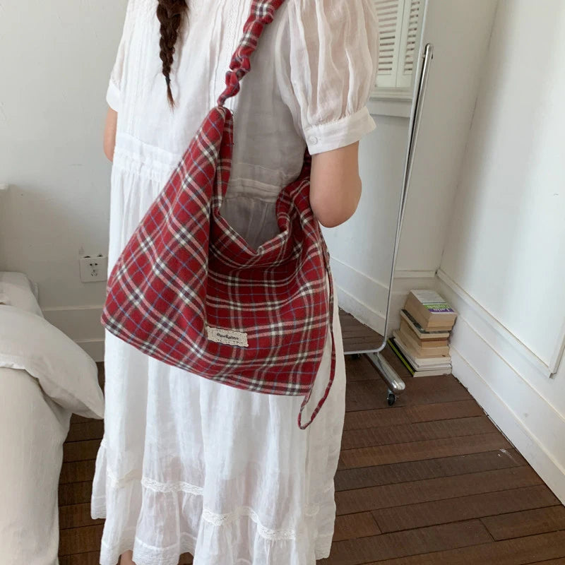 Vintage Plaid Canvas Tote Bag – Large Shoulder Crossbody Bag Canvas Tote Bag Nixie