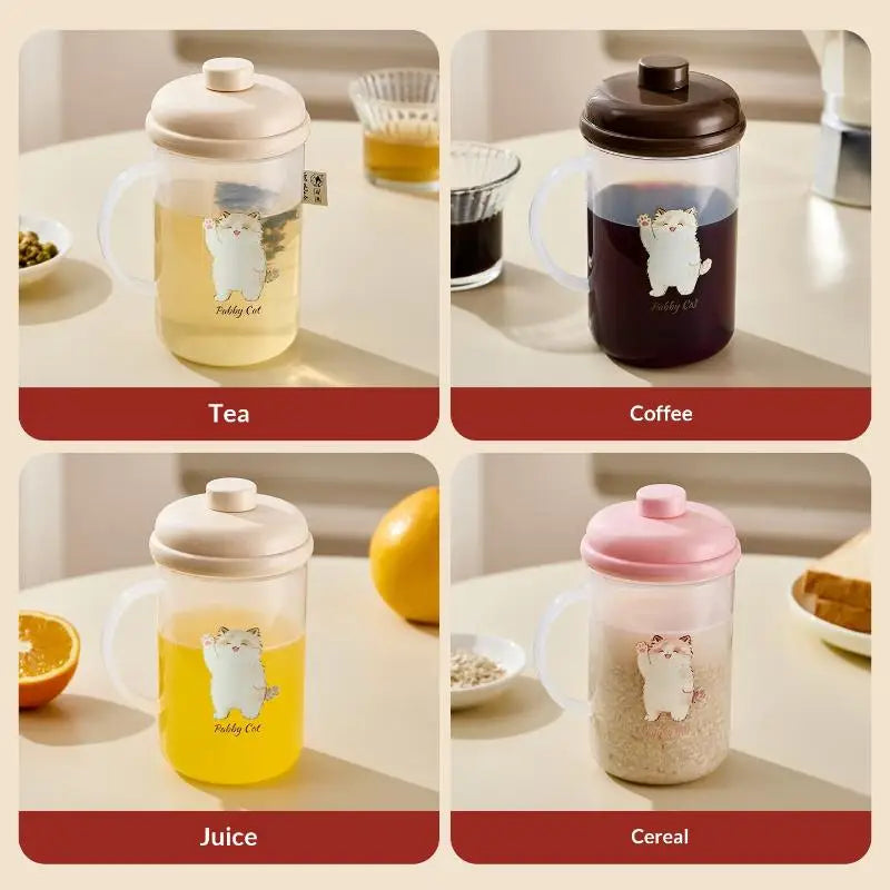 500ml BPA-Free Clear Cat Mug – Leakproof Lid & Volume Marks