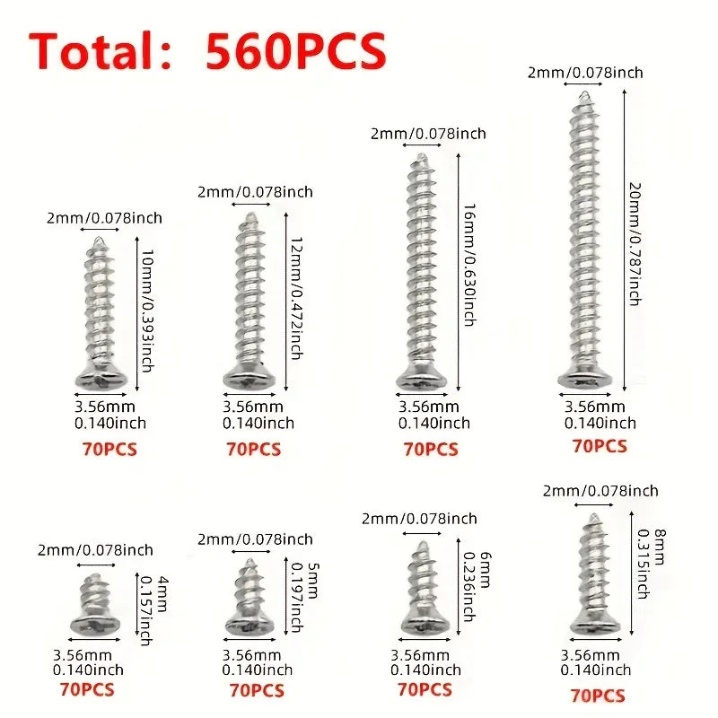 560-Piece M2 Self-Tapping Wood Screw Set – 8 Sizes Kit Screw Assortment Kit Nixie
