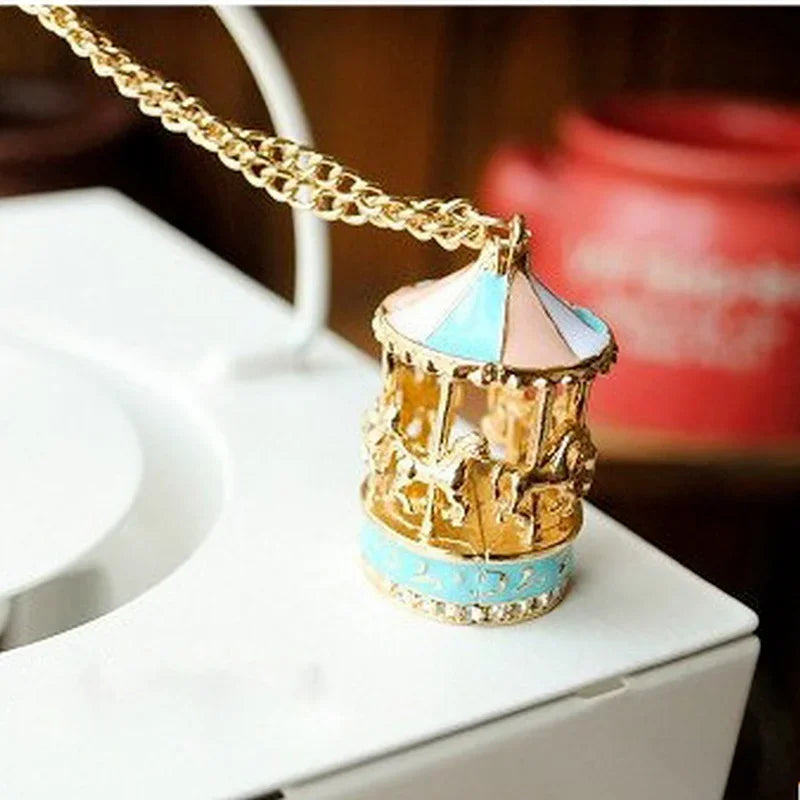 Enamel Carousel Horse Charm Pendant Sweater Necklace