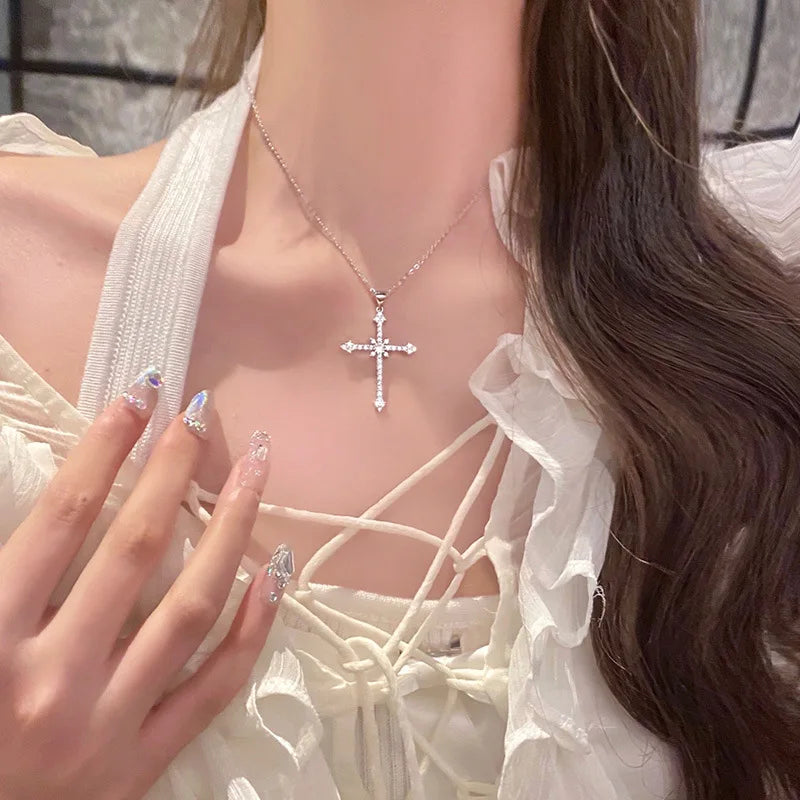 Rhinestone Cross & Star Pendant Necklace – Silver-Tone Women Pendant Necklace Nixie
