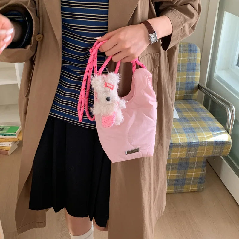 Women's Quilted Crossbody Phone Bag – Solid Mini Bucket Bag Crossbody Handbag Nixie Pink (No Charm)