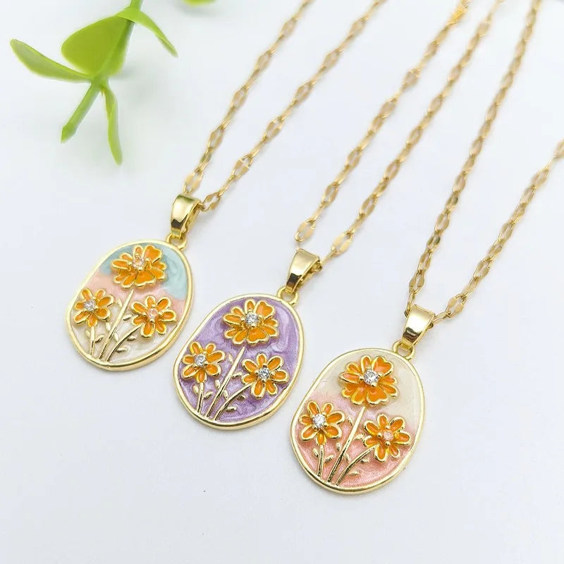 Vintage Copper Floral Pendant Necklace | Gold-Plated Zircon Pendant Necklace Nixie