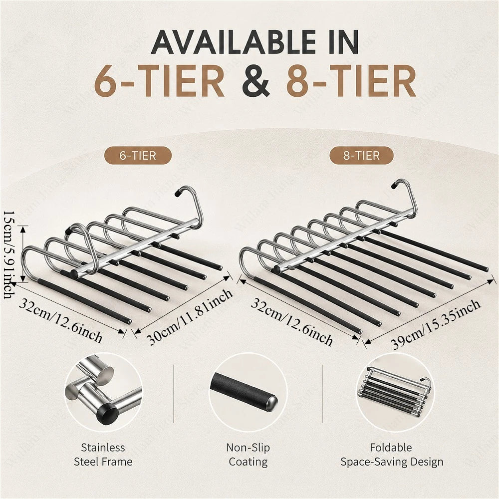 Space Saving Pants Hanger 6 & 8 Layer Stainless Steel Organizer