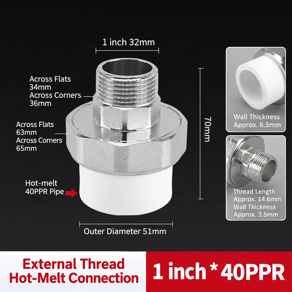PPR Pipe Connector Stainless Steel Thread Fitting 1/2" 3/4" 1" PPR Pipe Fitting Nixie M PPR40-1-