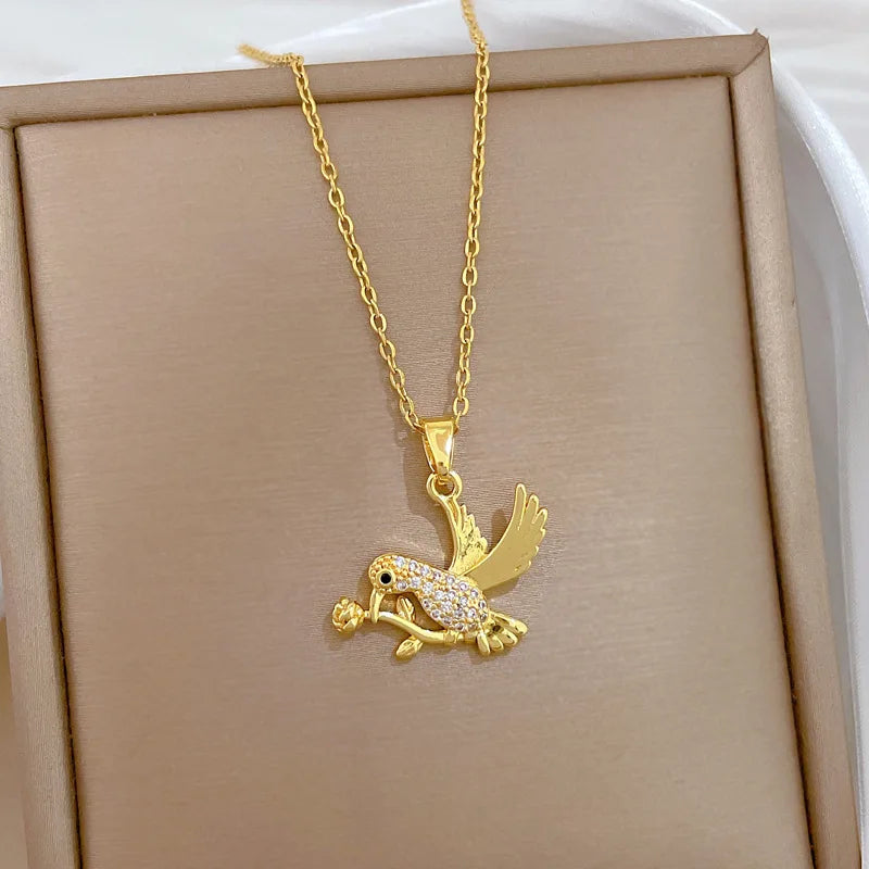 Women's Rose Crane Pendant Necklace – Gold Stainless Steel Pendant Necklace Nixie