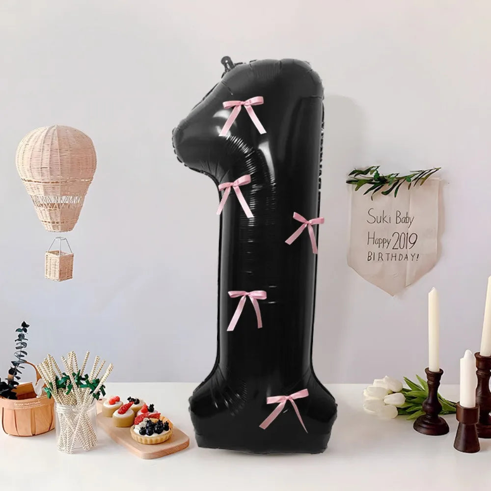 32 Inch Black Number Balloon with Pink Bows | Foil Party Decor Party Balloon Decoration Nixie 1 10inch