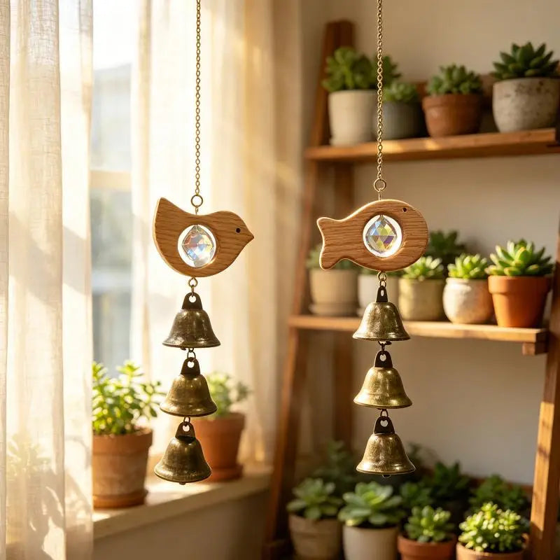 Wooden Fish & Bird Wind Chime – Crystal & Brass Bell Décor Decorative Wind Chime Nixie