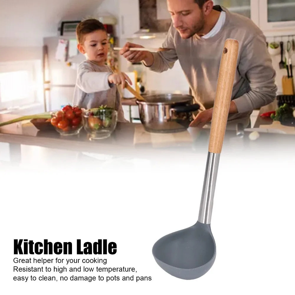Silicone Soup Ladle with Wooden Handle – Nonstick Kitchen Tool Silicone Kitchen Ladle Nixie