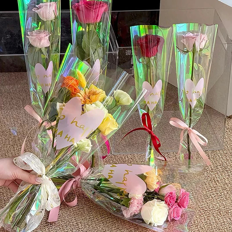 30PCS Iridescent Rose Sleeves Transparent Flower Wrapping Bags Floral Wrapping Bags Nixie