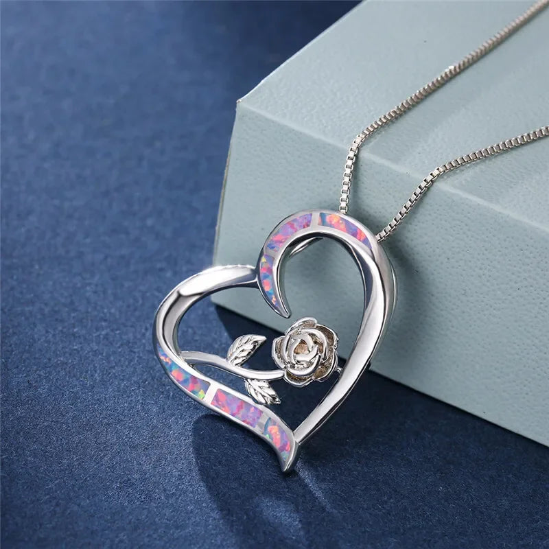 Purple Simulated Opal Heart Pendant Necklace | Rhinestone Heart Pendant Necklace Nixie