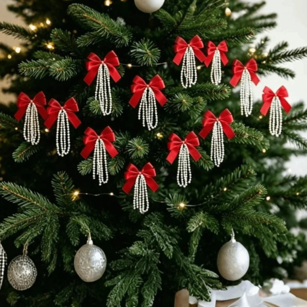 12 Pcs Velvet Christmas Tree Bows Red Gold Pearl Tassel Décor Christmas Tree Bows Nixie