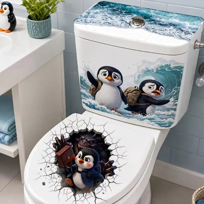 3D Penguin Toilet Lid Sticker – Funny Waterproof Bathroom Decal Bathroom Decor Sticker Nixie
