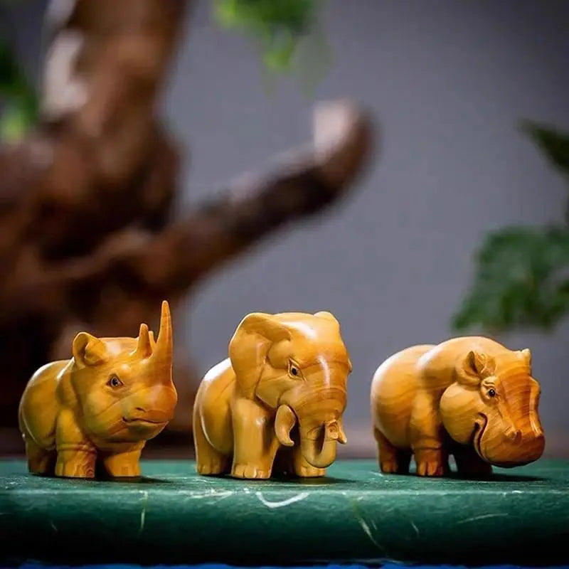 Hand-Carved Rhino Hippo Elephant Figurines – Home Décor Set Animal Figurines Nixie