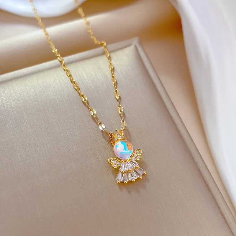 Angel Aurora Pendant Choker Necklace – Gold Stainless Steel Pendant Choker Necklace Nixie