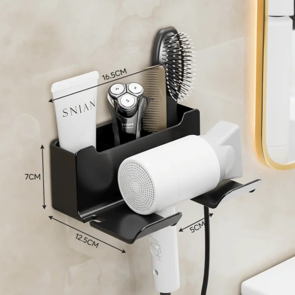 Wall Mounted Hair Dryer Holder with Organizer Compartments Hair Dryer Holder Nixie B-Black