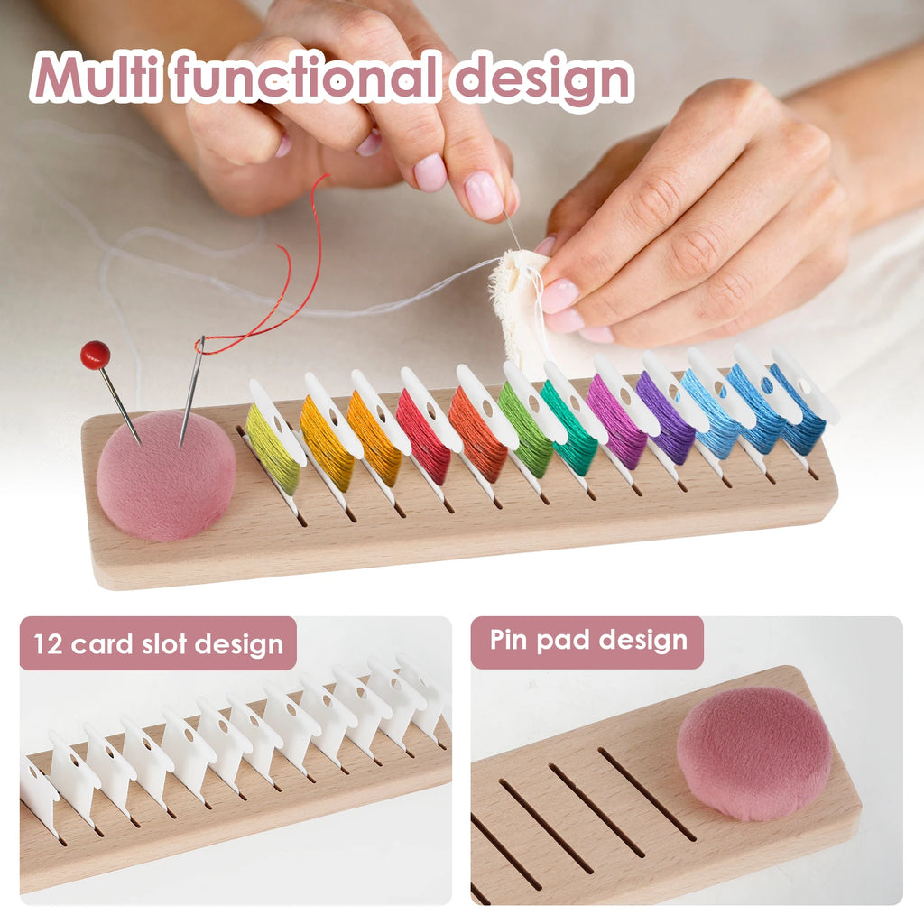 2Pcs Beech Wood Bobbin Rack + 24 Floss Bobbins | 12 Slot Bobbin Rack Organizer Nixie
