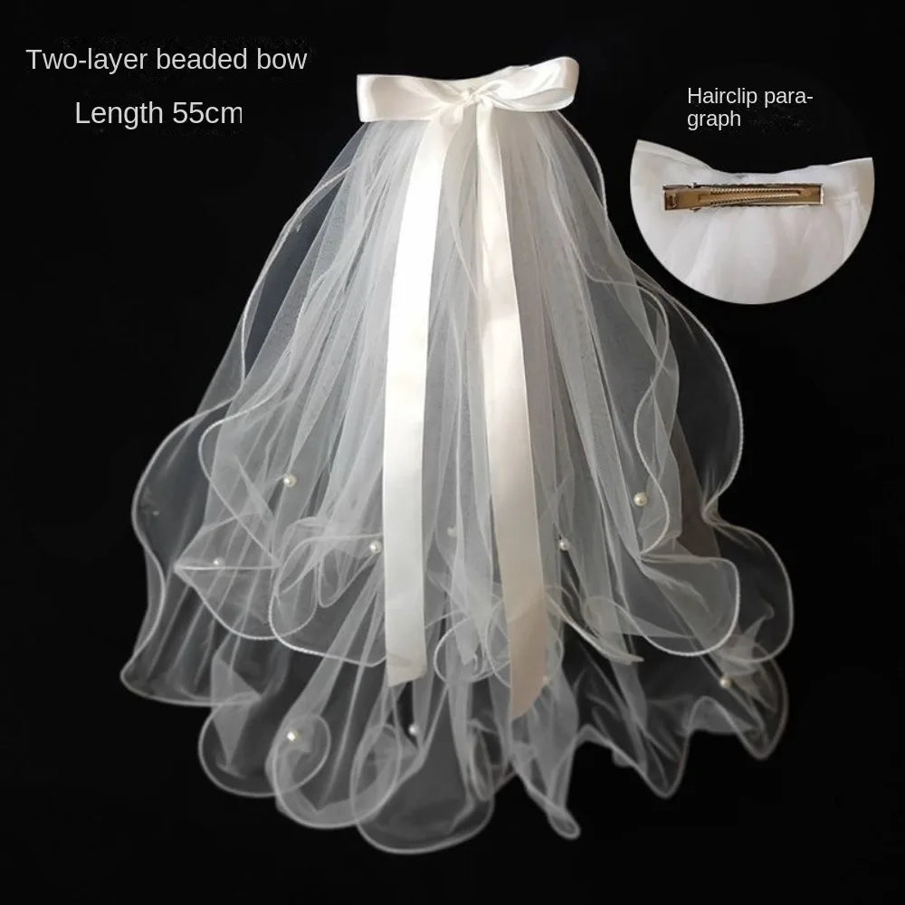 White Tulle Bridal Veil with Pearls & Clip – 21.6 Inch