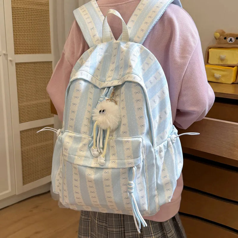 Nixie Striped Bow School Backpack – Large Capacity Teen Girls School Backpack Nixie