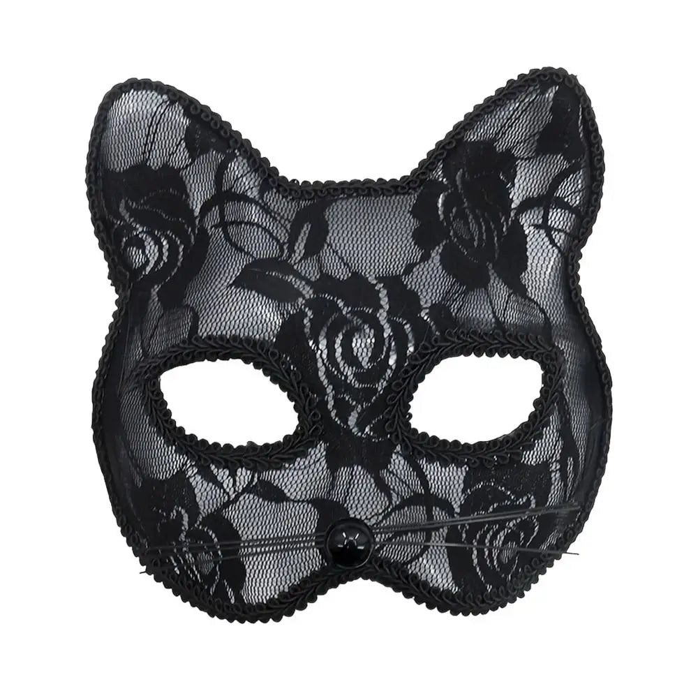 Cat Face Masquerade Lace Mask – Black & White Costume Prop
