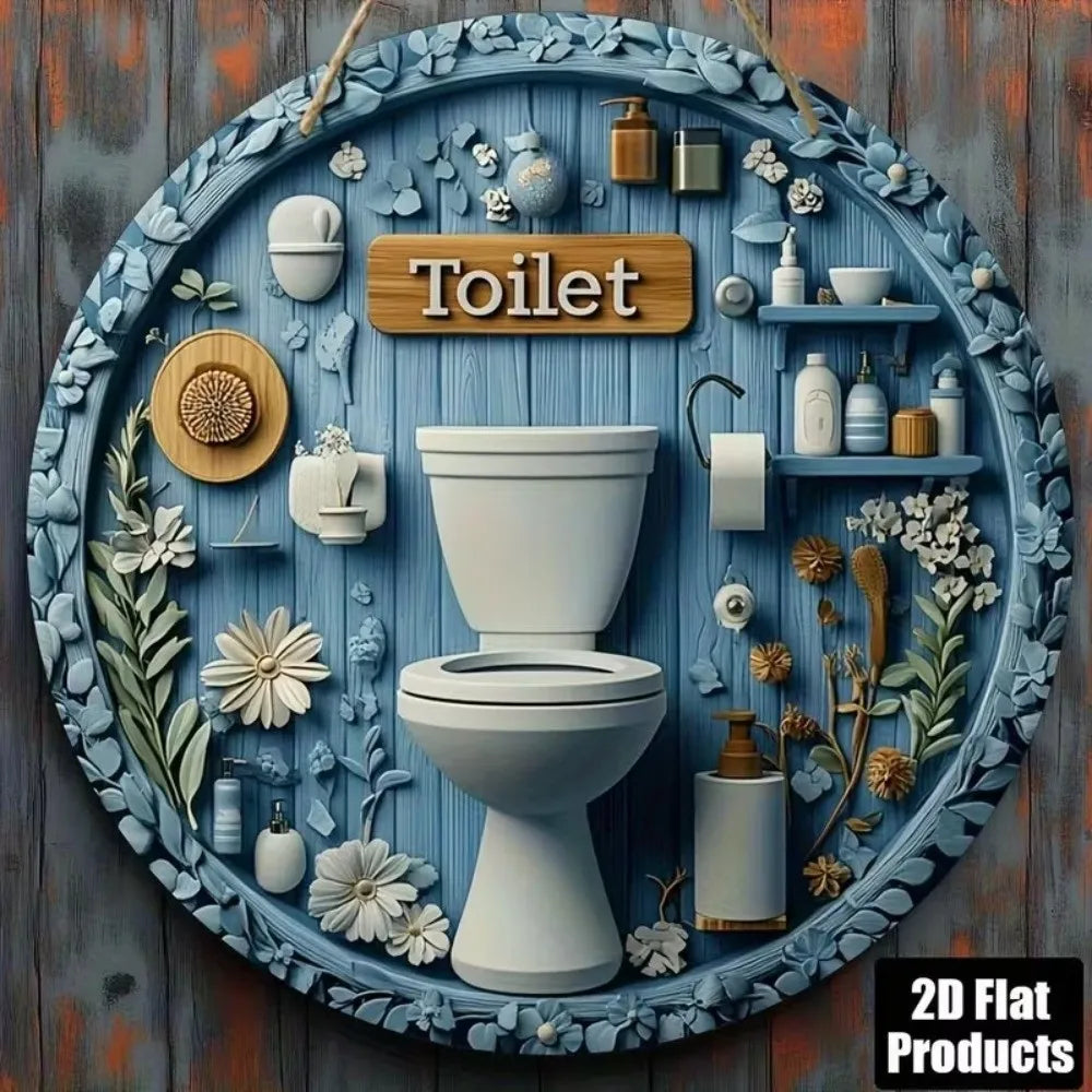 Wooden Hanging Bathroom Sign Round Farmhouse Wall Décor