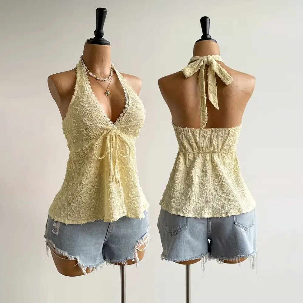 Women's Ruffled V-Neck Satin Camisole Top | Adjustable Tie Back