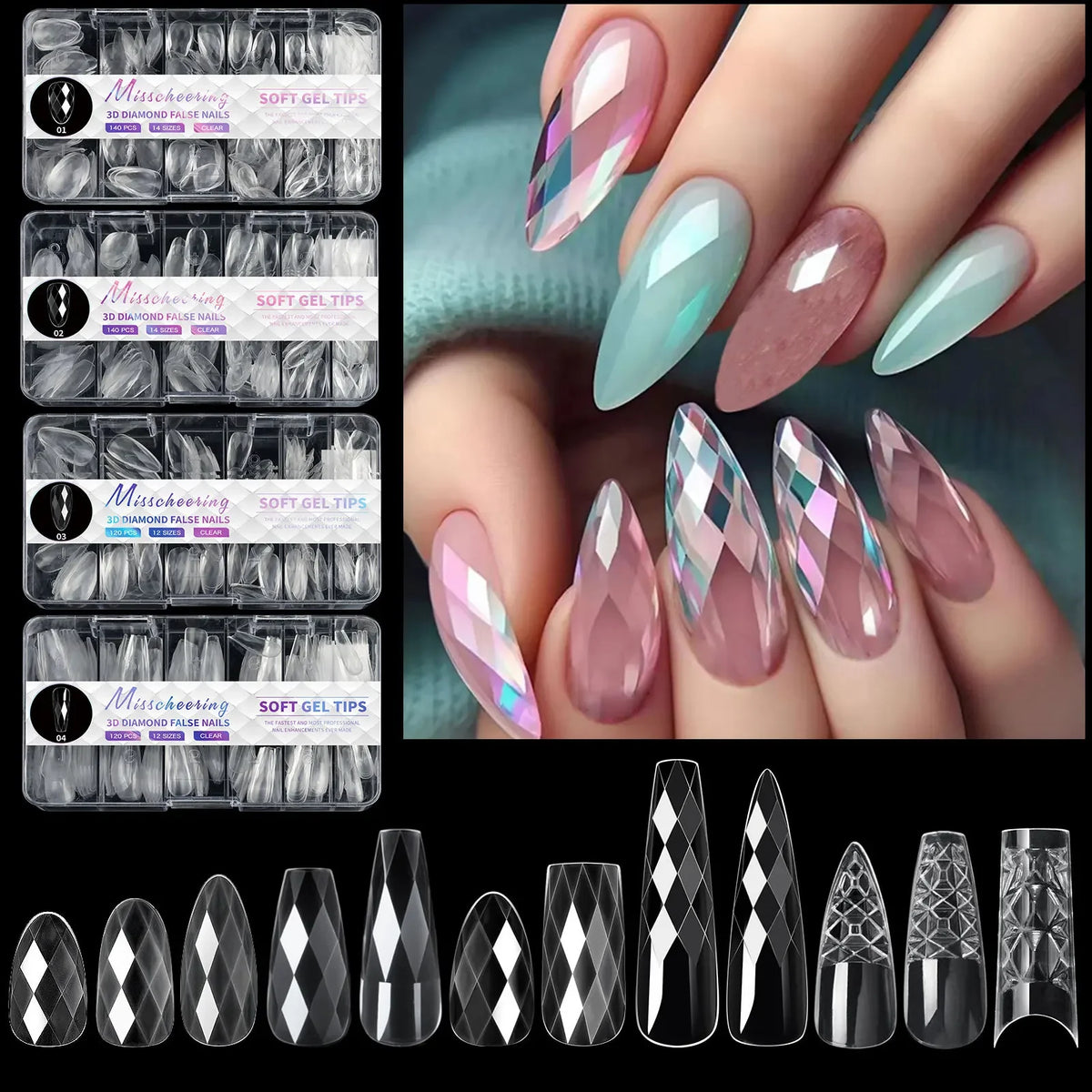 3D Diamond Almond Ballet Press On Nails – Long False Nails Set Press On Nails Nixie