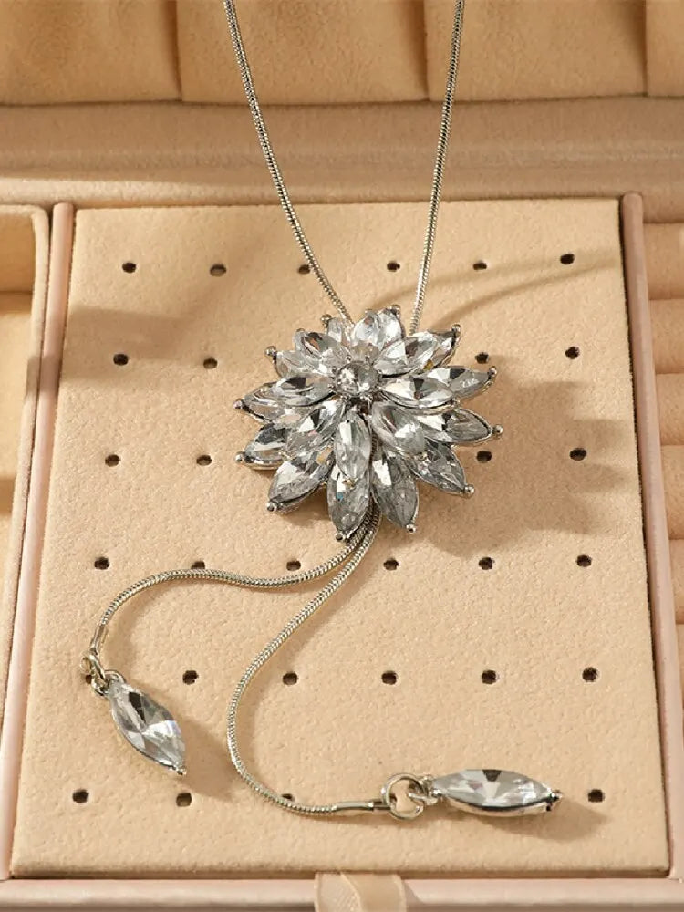 Luxury Tassel Crystal Flower Long Pendant Necklace for Women