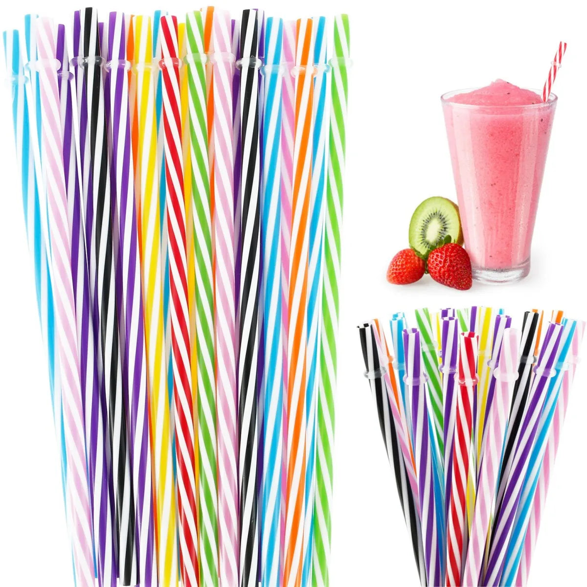 24Pcs Reusable Candy-Striped Plastic Drinking Straws + Brush