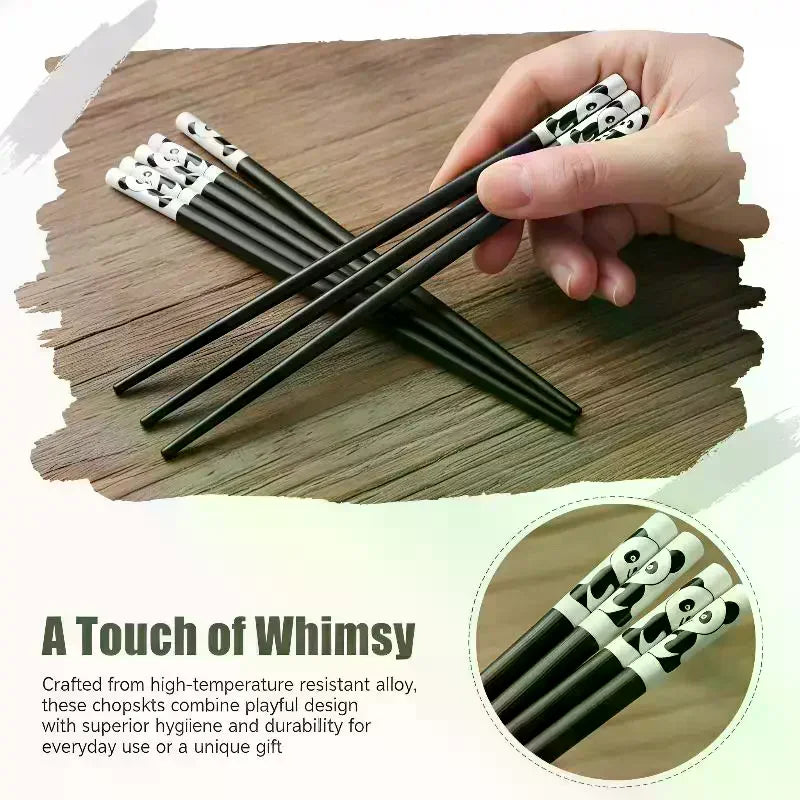Cartoon Panda Metal Chopsticks – Reusable Non-Slip, 5 Pairs Reusable Chopsticks Nixie