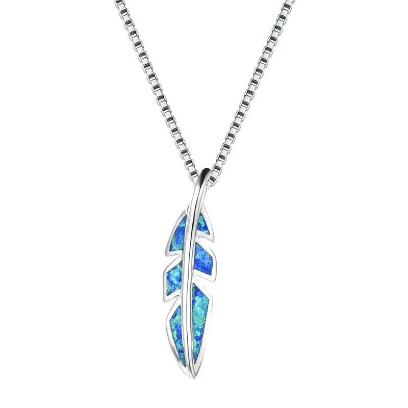 Fire Opal Feather Pendant Necklace – 925 Sterling Silver Pendant Necklace Nixie