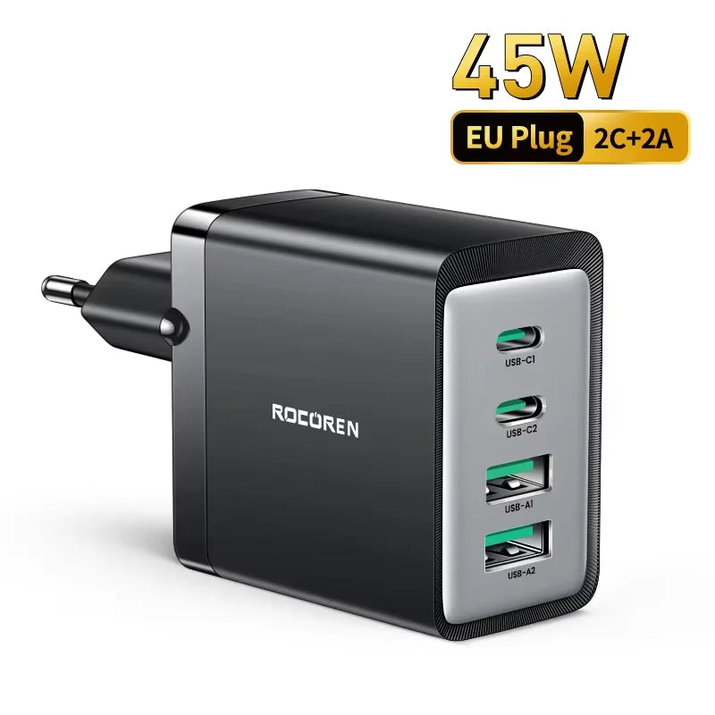 Rocoren GaN 45W 4-Port Fast Charger USB-C USB-A iPhone Samsung
