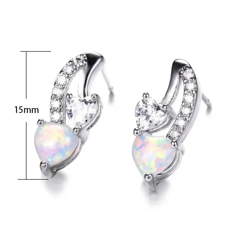 Simulated Opal Heart Drop Earrings – Zinc Alloy White Crystal