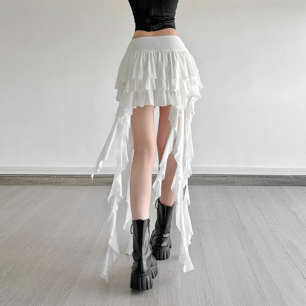 Women's High Waist Tiered Ruffle Mini Skort – Asymmetrical Hem